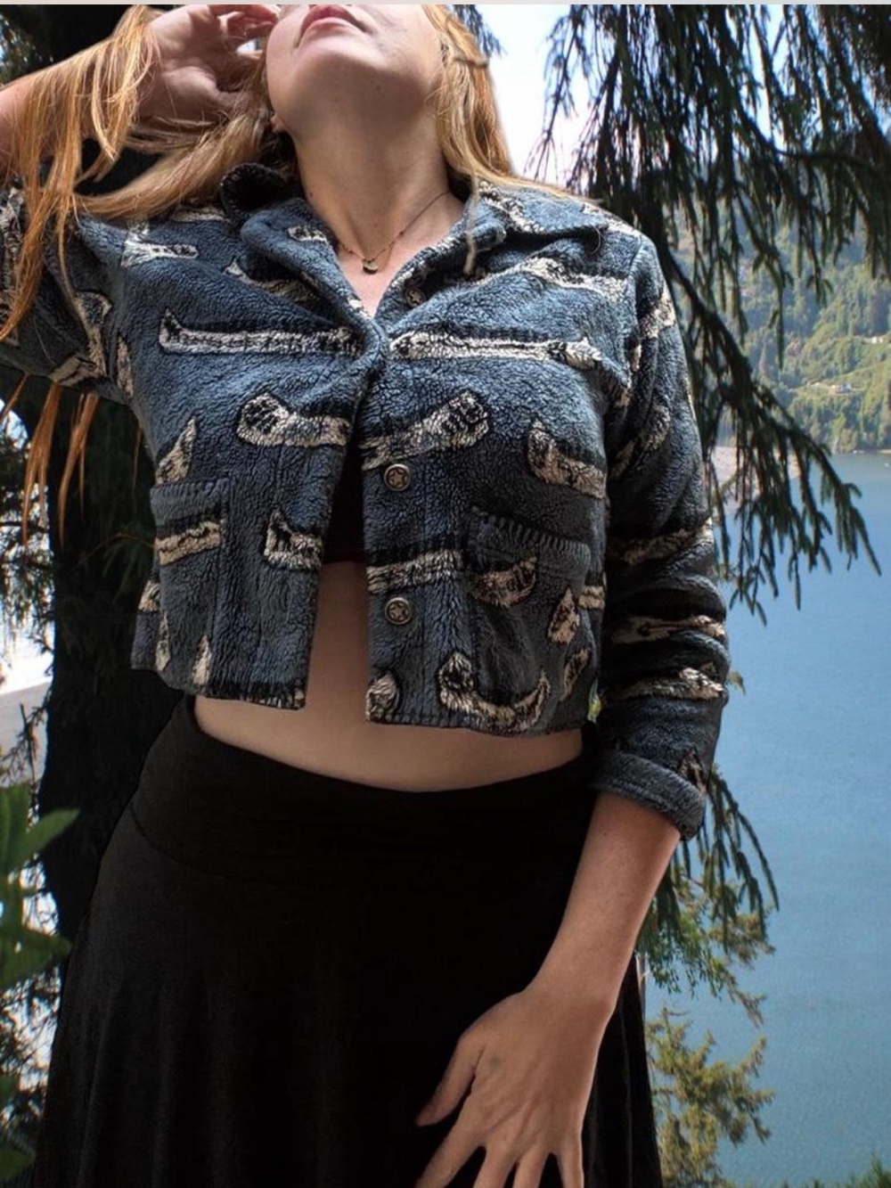 Vintage 90s Small Cropped Blue Patterned Fleece Jacket - Women's